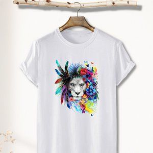 2023 Spring Summer Retro Colorful Lion T-Shirt Cotton Men-Women's- lover Animal